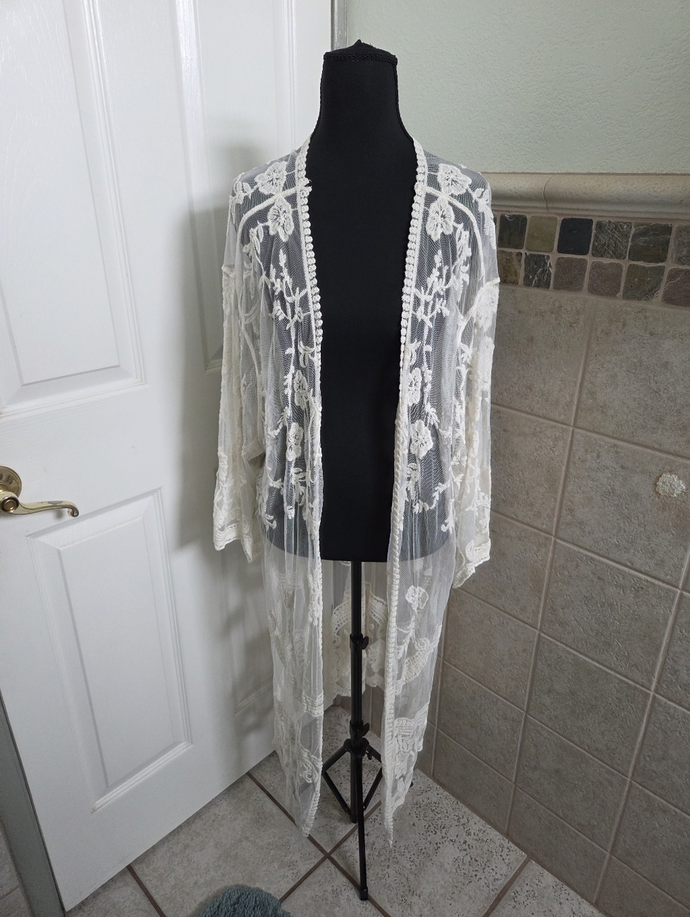 Sheer Ivory Floral Lace Duster Kimono Festival Bohemian Western Vacay Cottage 1X